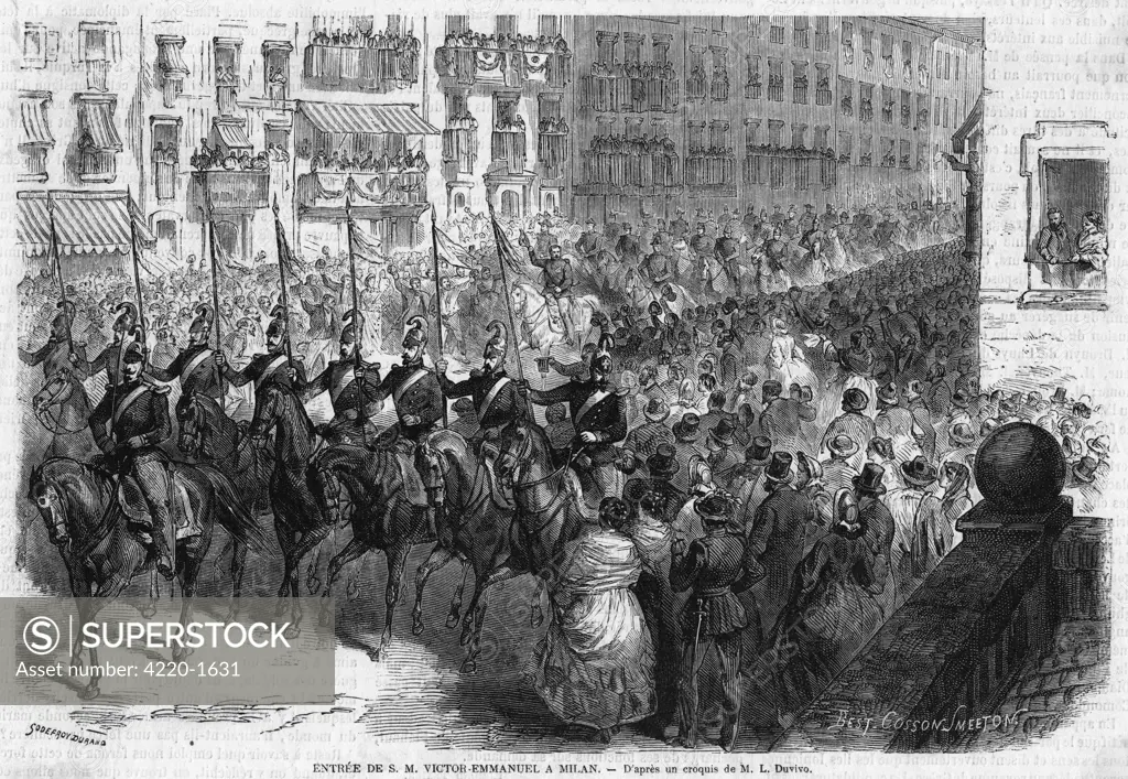 Vittorio Emanuele II, now  crowned king of Italy, makes a  triumphal entry into Milano.