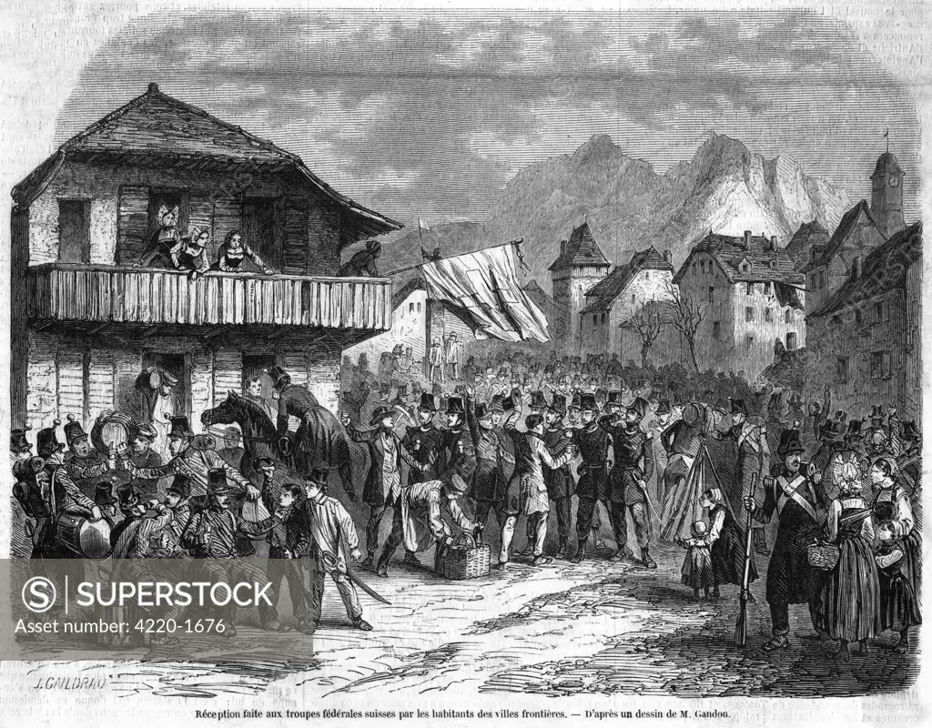 Prussia's claim to the canton  of Neufchatel is supported by  royalists : Swiss federal  troops are welcomed by the  populace.