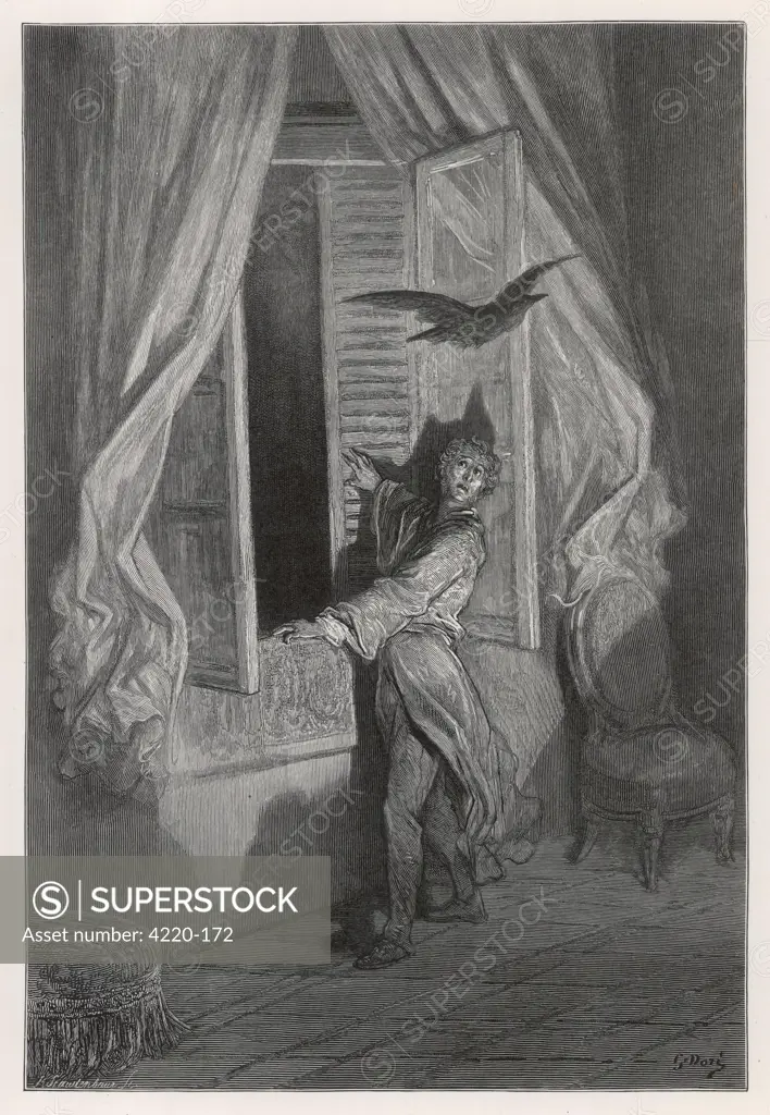 A stately Raven of the saintly  days of yore flies in through  an open window.        Date: First publsihed: 1845