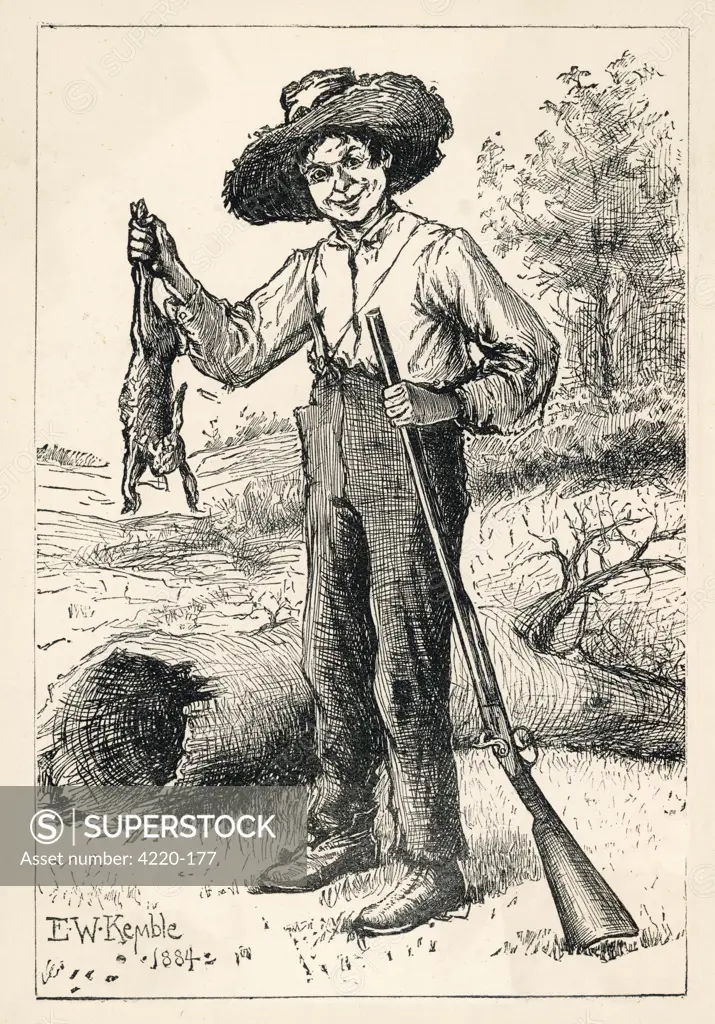 Huckleberry holding up a  rabbit he has just shot.         Date: First published: 1884