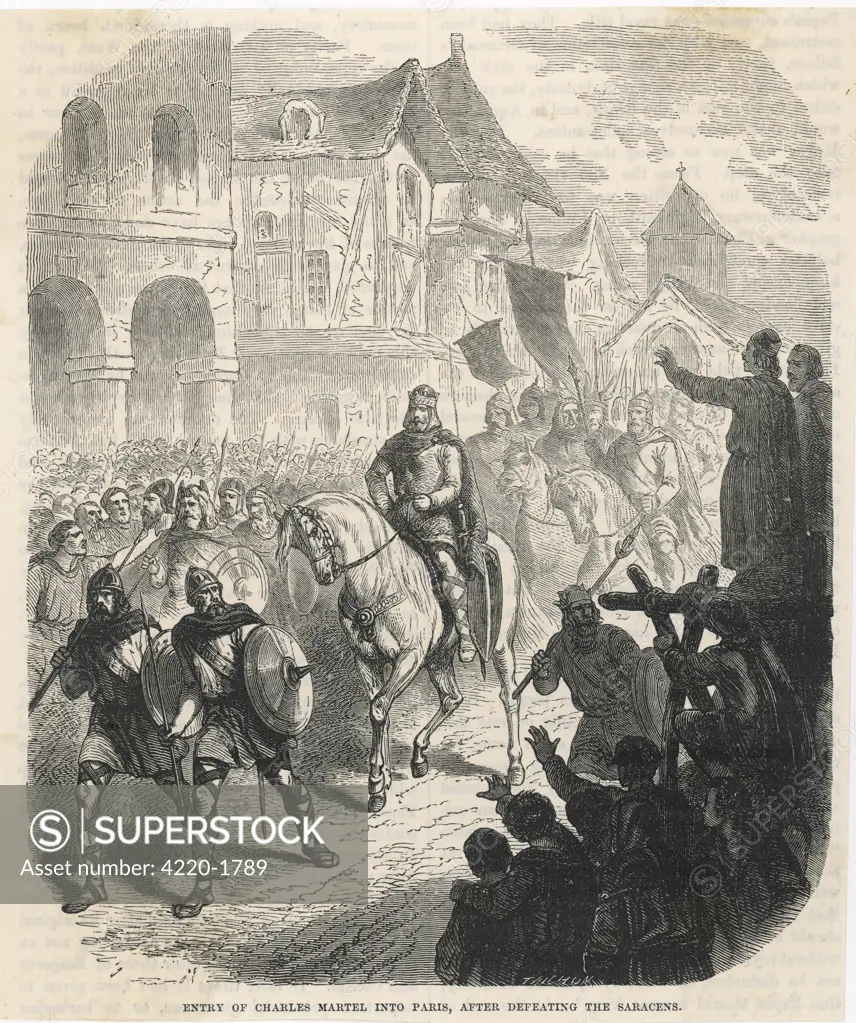 Charles Martel makes a  triumphant entry into Paris,  after repelling the Saracens  at Tours by Charles Martel : they lost their commander  Abderrahman ibn Abdillah.