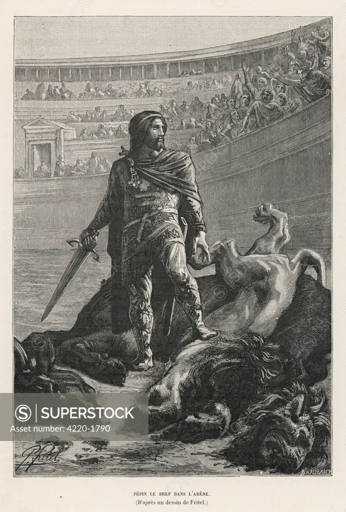 Pepin, seeing a lion and bull  fight in Ferrieres arena, asks 'Who will separate them '  No  one else volunteers, but he  does it, killing both animals,  proving he is fit to rule.