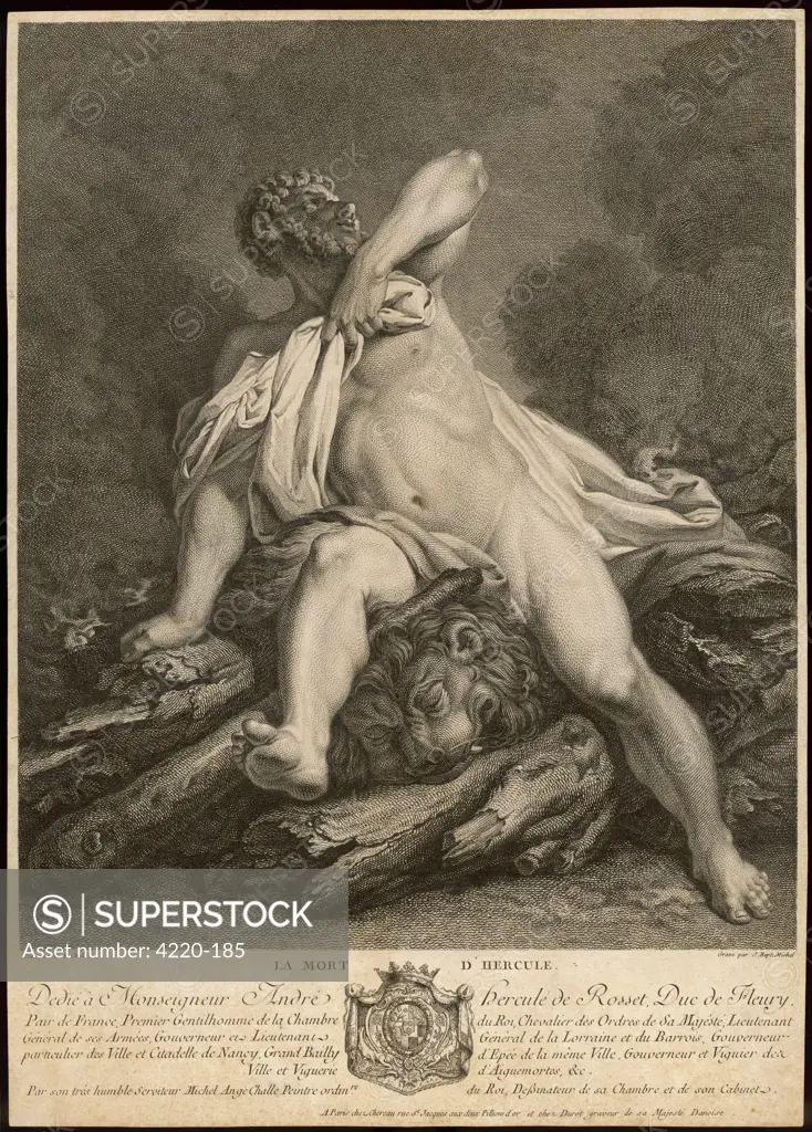 The death of Herakles after  absorbing the toxic blood of  Nessus which was on his tunic,  put there by his wife,  Deianira, who thought it would  help her regain his favour