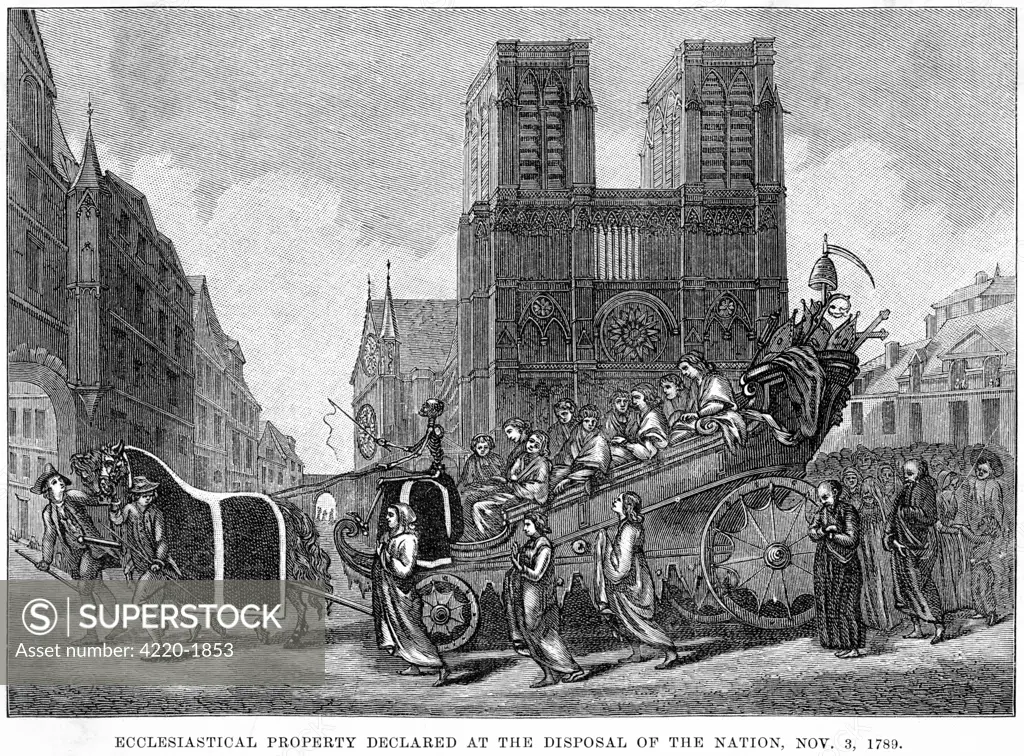 An ordinance declaring that  Church property is henceforward at the disposal of the  nation is allegorised as a  funeral procession for  'Seigneur Clerge'.