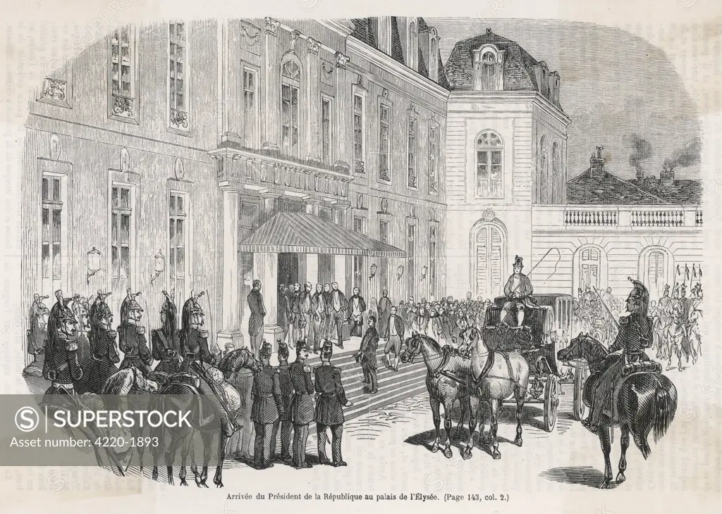 Elected President by a  landslide vote, Napoleon  arrives in state at the Elysee  palace, Paris.