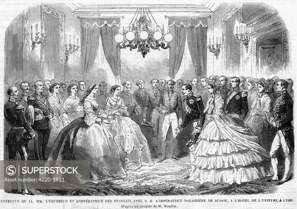 At Lyon, Napoleon and Eugenie  happen to run into the dowager  empress of Russia, who is  staying at the Hotel de  l'Univers.