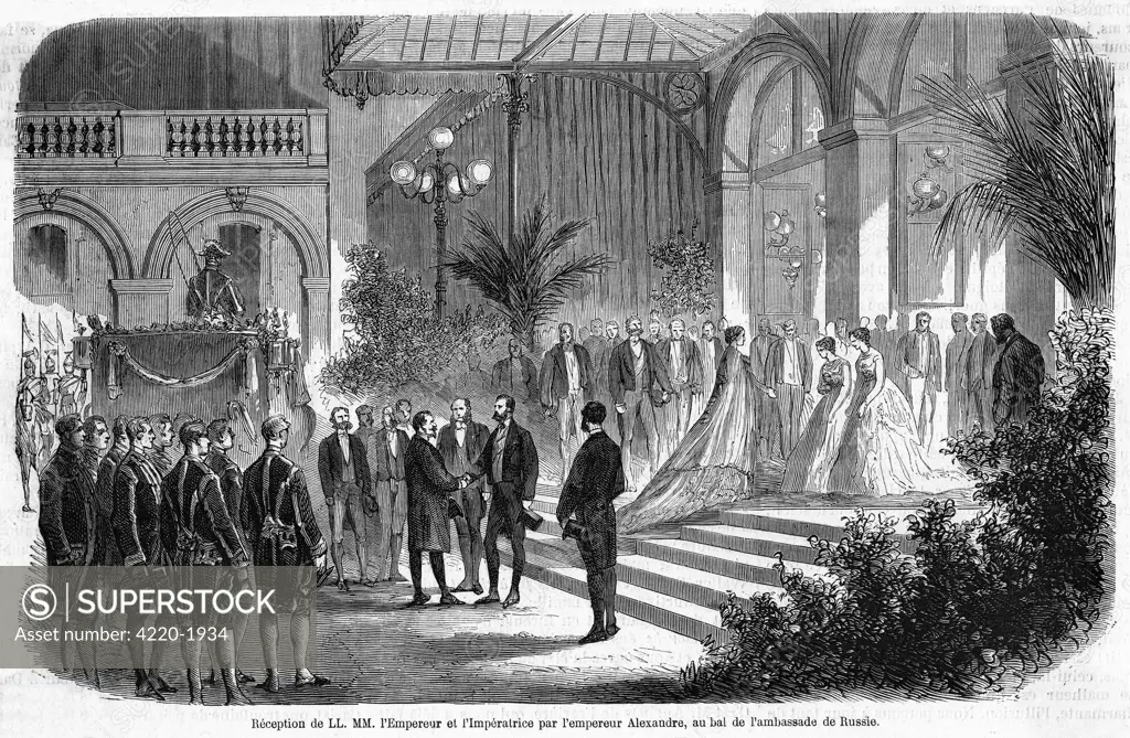 Alexander II, tsar of Russia,  visits France and welcomes  Napoleon and Eugenie to a ball  at the Russian embassy.