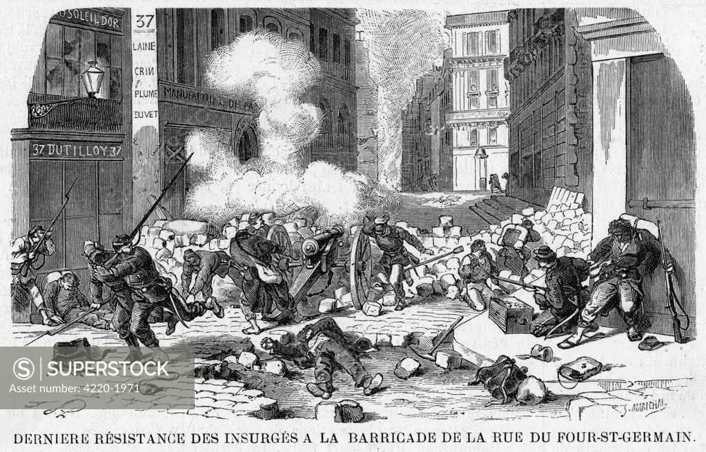 The final stand of the  Communards - defending the  last barricade against the  government forces in the rue  du Four-St-Germain.