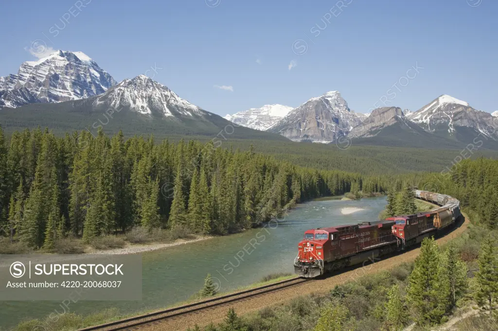 Morant's Curve - Canadian Pacific Railway with Bow range of mountains in the background. Banff National ParkAlberta, Canada.