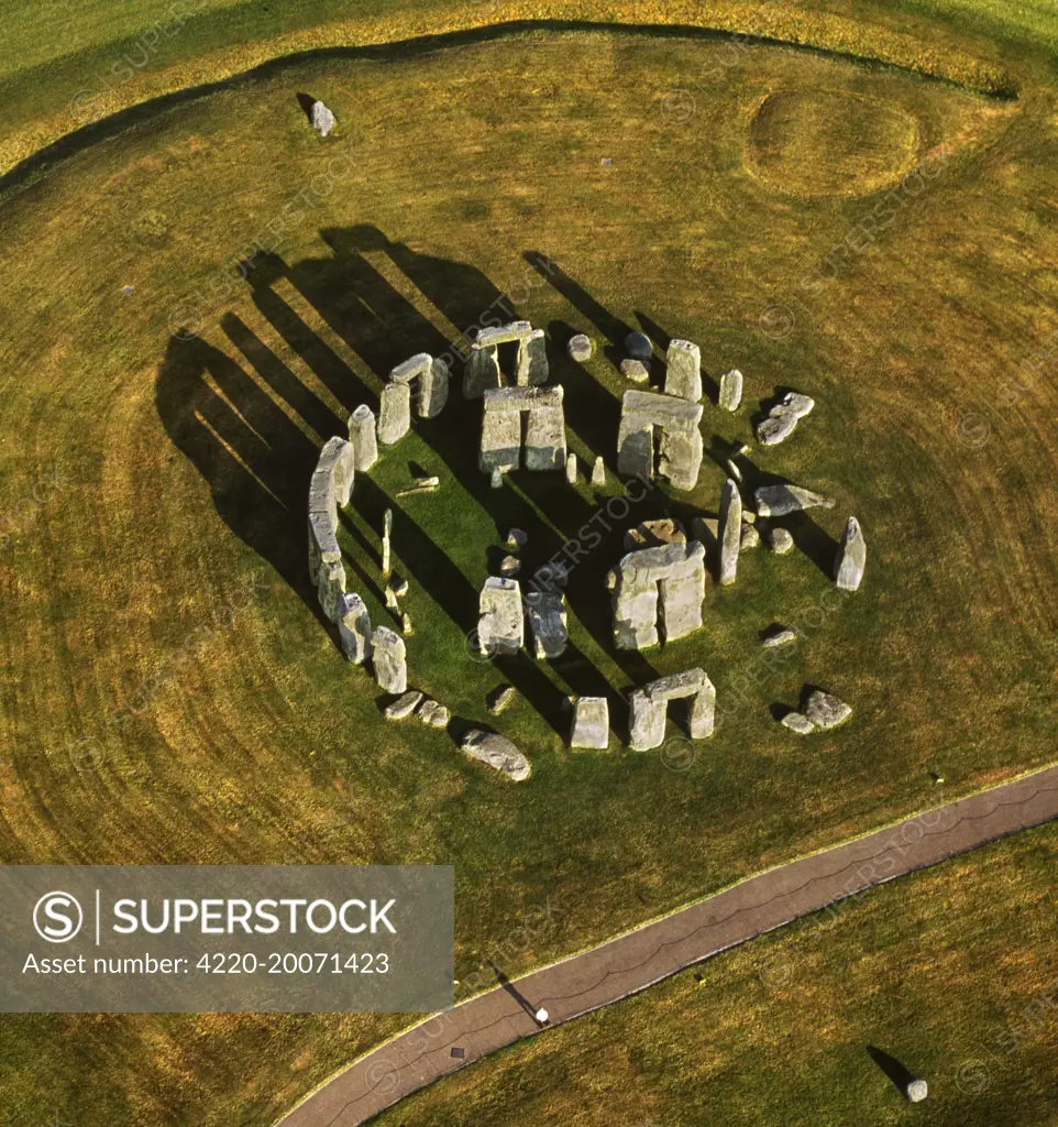 Stonehenge, World Heritage Site, prehistoric monument and stone circle, Wiltshire. Aerial image of South (Southern) England, UK.