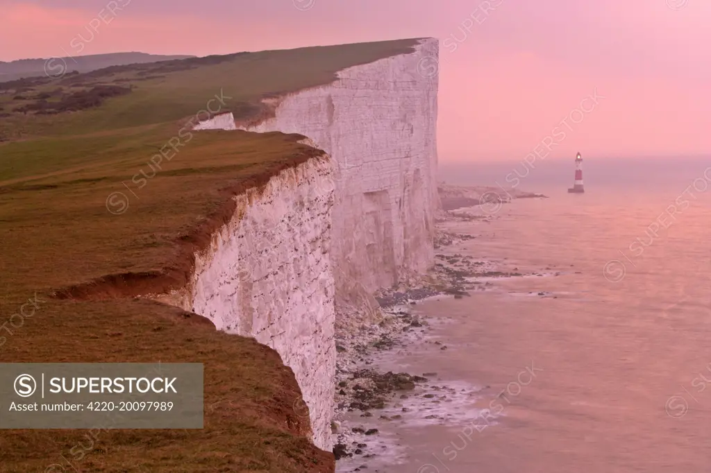 Lighthouse at Beachy Head and steep chalk cliffs at sunrise. East Sussex, England, UK.