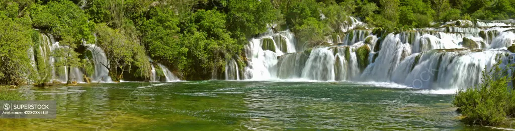 Krka waterfall - panoramic view of lowest step of skradinski buk waterfall. Krka National Park, Croatia.
