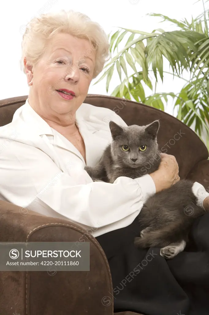 Cat - woman cuddling grey cat 
