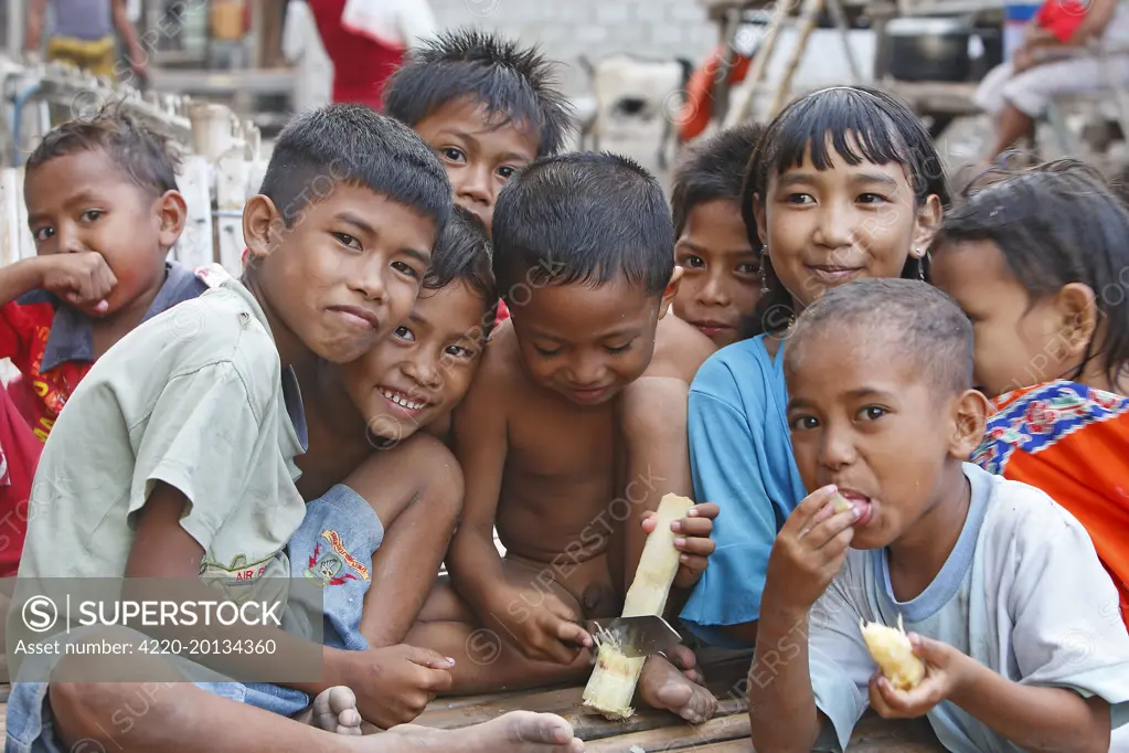 Children in Komodo Village - eating sugar cane. fishing village - Komodo National park - Indonesia.