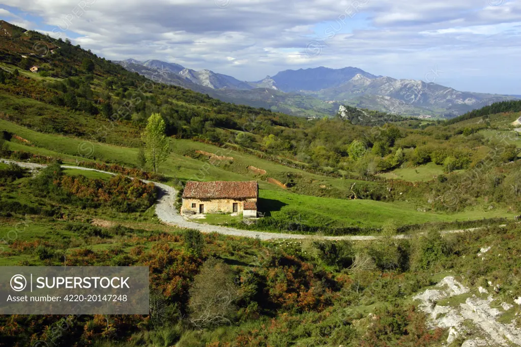 Spain - Farm Shed. Lower region of mountain range, Picos de Europa, Cantabria, Spain.