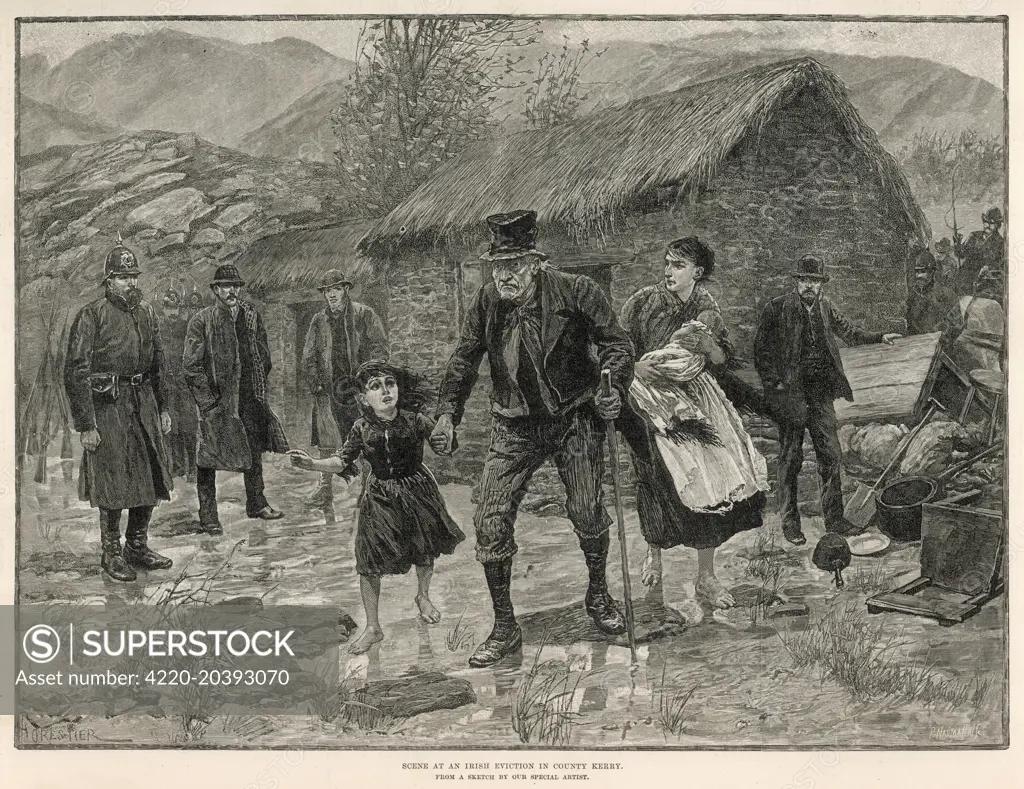 A poor family are evicted from their home in County Kerry, Ireland.        1887