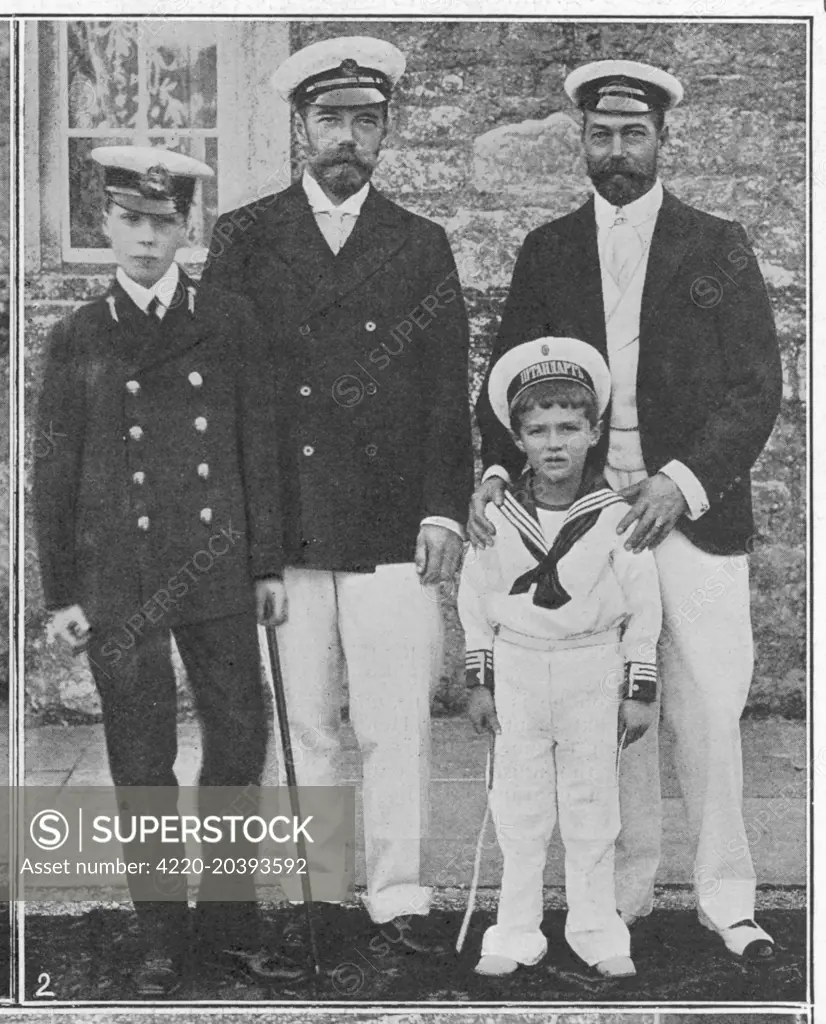 Tsar Nicholas II and The  Prince of Wales (later  George V) photographed with their repective sons and  heirs, the Tsarevitch Alexei and Prince Edward of Wales    August 1909