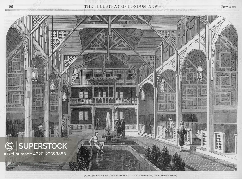 View inside the Turkish Baths in Jermyn Street, London, showing the Meshlakh, or cooling room.     (1 of 2)  1862