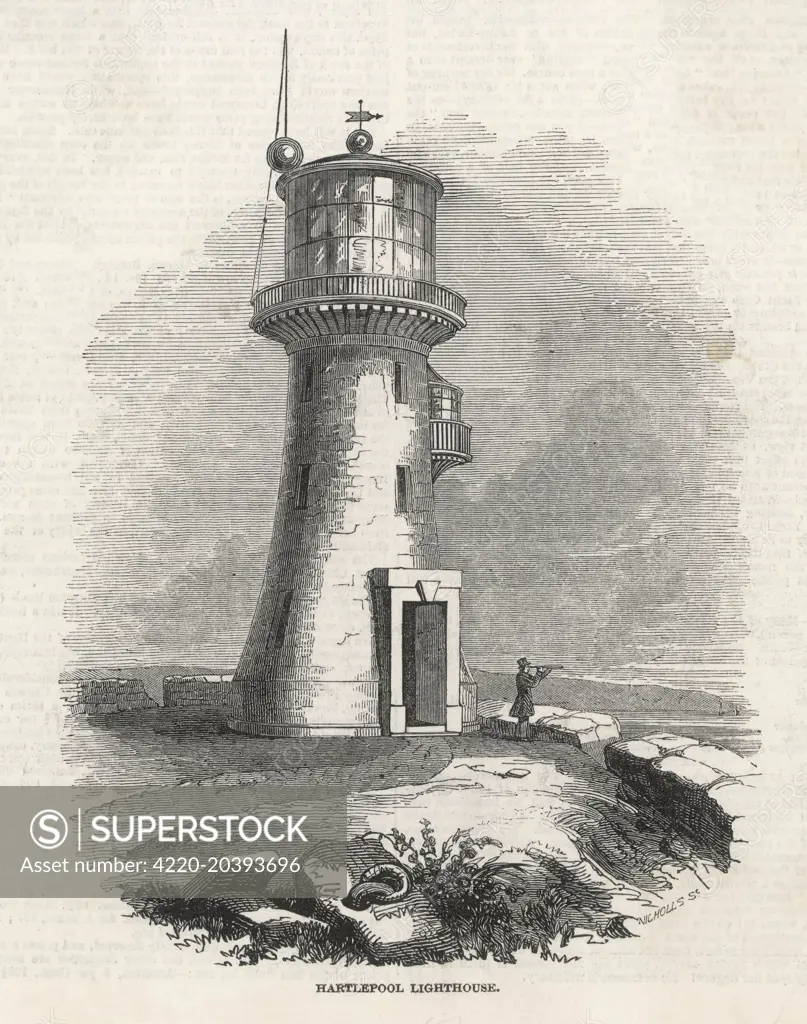 View of the old Hartlepool Lighthouse, north east England (County Durham), completed in 1847.  A man with a telescope scans the horizon.    1847