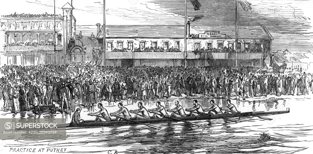  The Oxford and Cambridge  Boat Race : Practice at  Putney.       Date: 1877