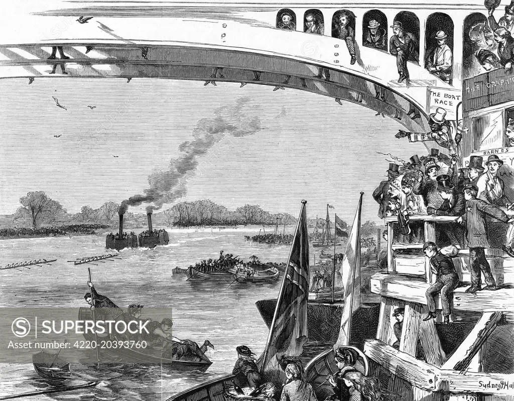  The Oxford and Cambridge  Boat Race : Sketch at Barnes  Bridge.       Date: 1870