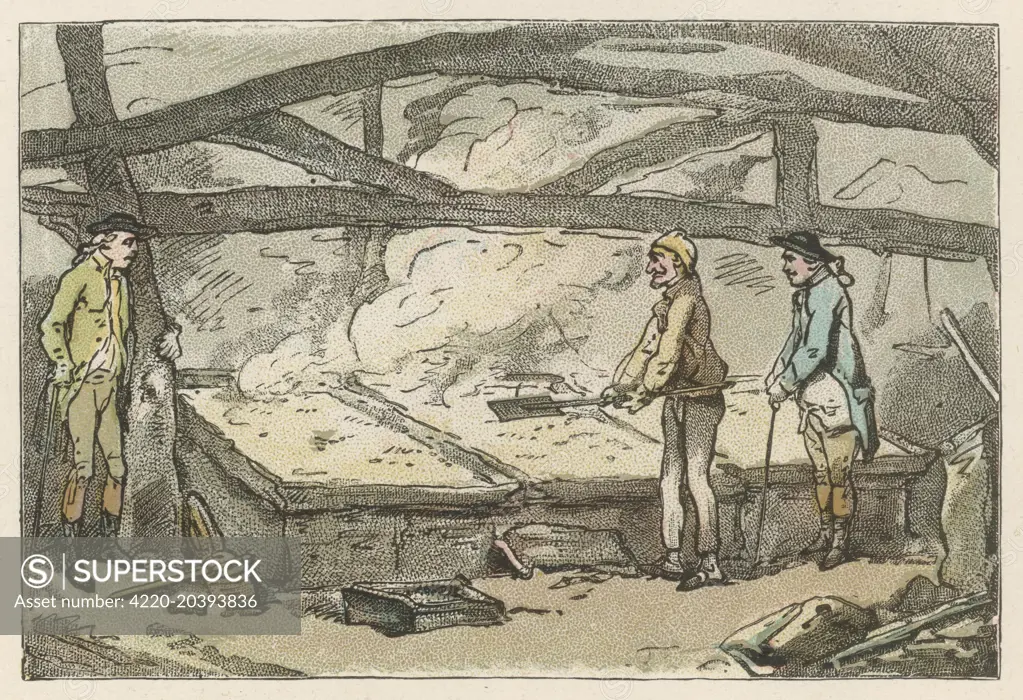 A stage in salt preparation in England, involving a 'saltern' where the salt is dried at Lymington, Hampshire.  1782