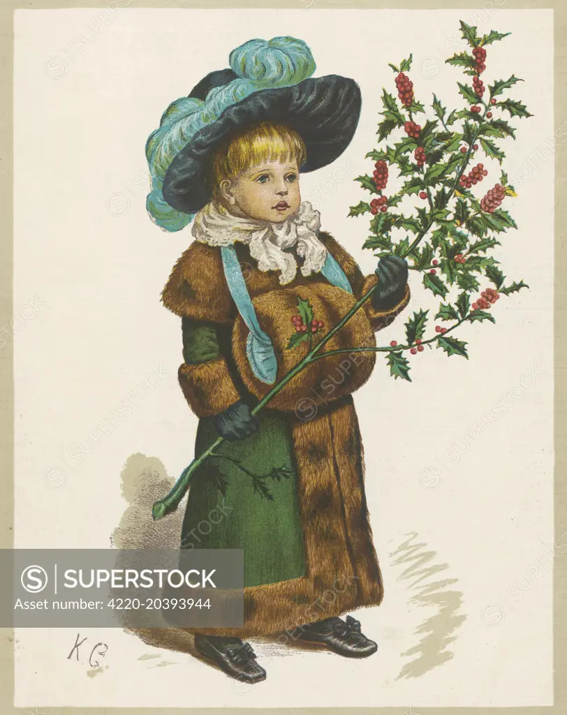 Girl in fur-trimmed coat, fur  muff, gloves and feathered  hat, carrying a fair-sized  branch of holly       Date: 1880