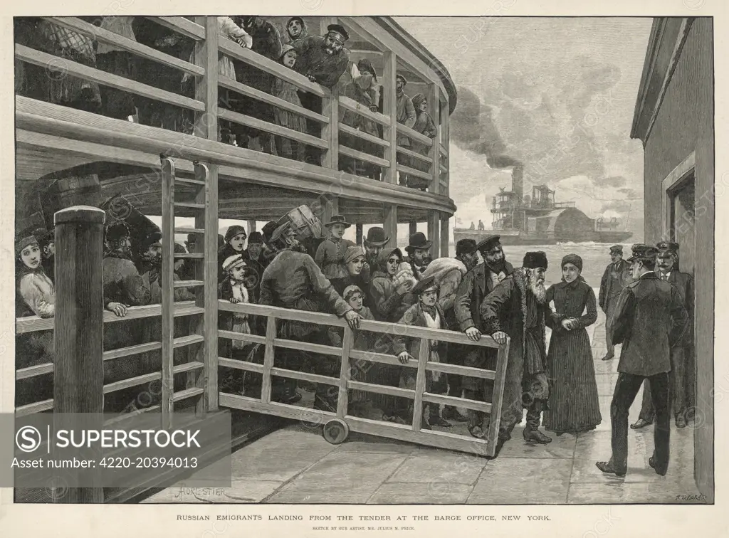 Russian immigrants set foot on  American soil at the Barge  Office, New York        Date: 1892