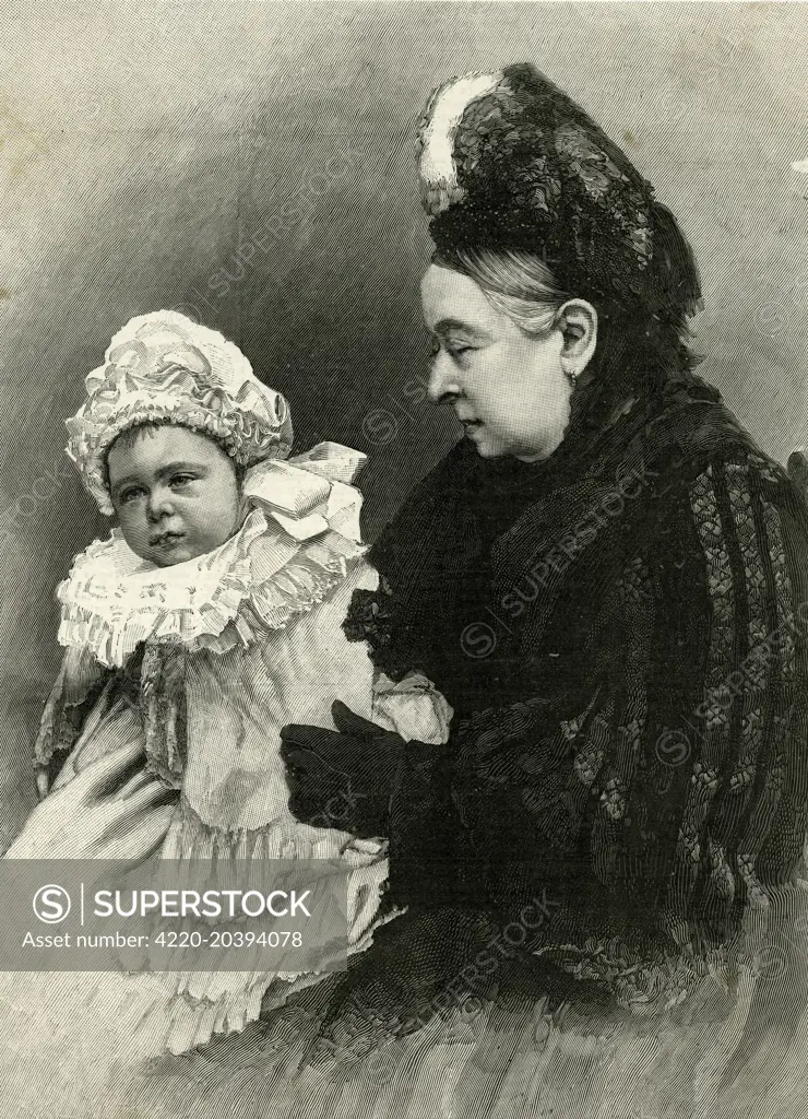 QUEEN VICTORIA  With grandchild Alexander  Albert of Battenburg.       Date: 1888