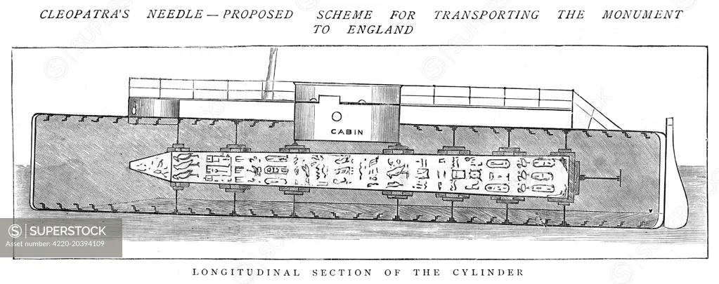 A proposed scheme showing the longitudinal section of a cylinder encasing Cleopatra's needle to transport it to London.1877