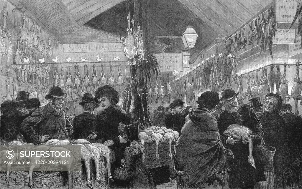 Buying a Christmas goose at Leadenhall Market, London.  1884