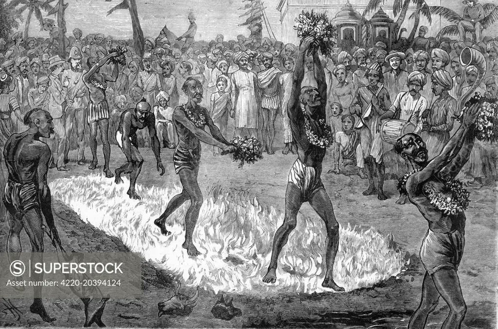 Firewalking as a religious ceremony at Mauritius, Indian Ocean.  1881