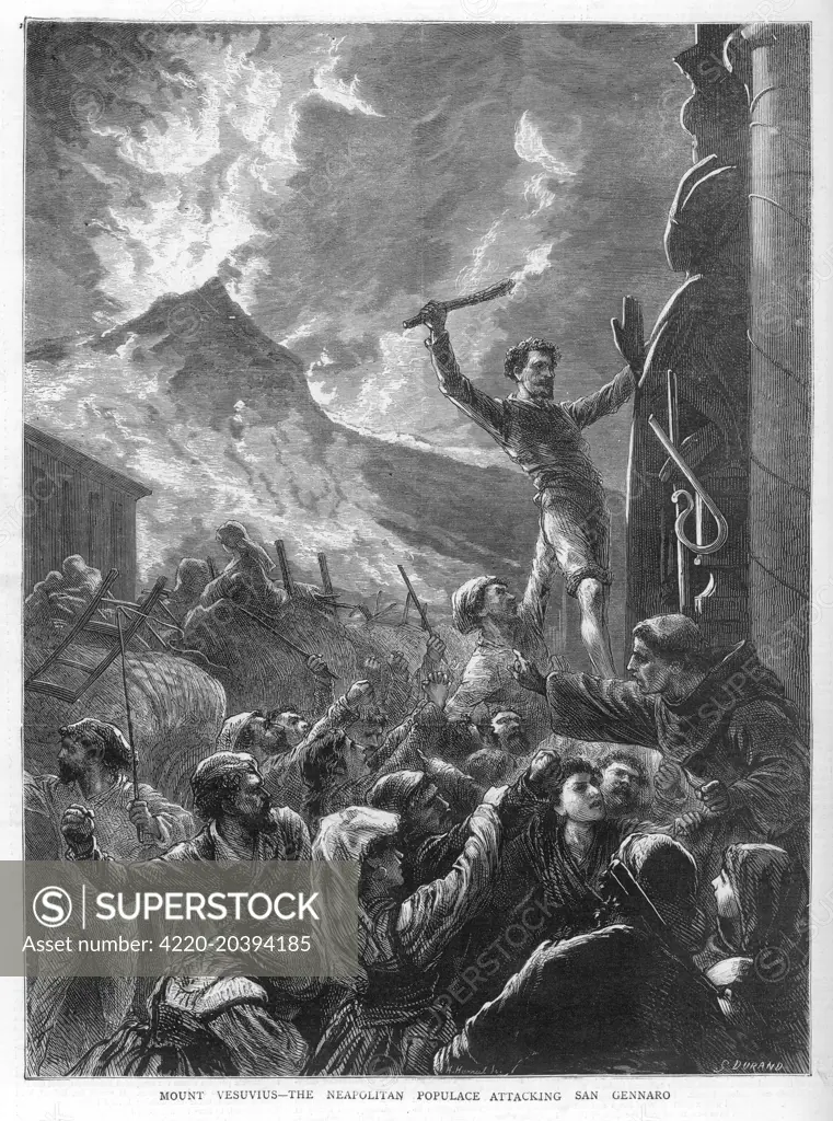 When, despite their prayers,  San Gennaro fails to protect  them, the populace of the area  menaced by Vesuvius attack his  statue      Date: 1872