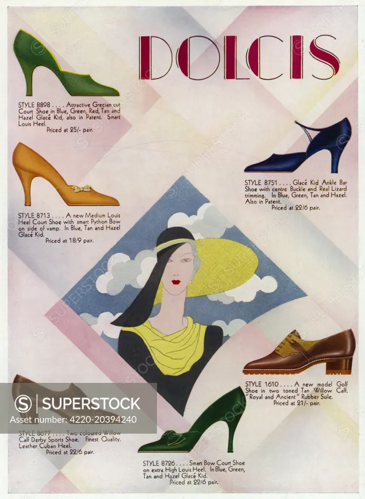 Advertisement for Dolcis shoes  including: golf shoes, a Derby  sports shoes &amp; court shoes in  bright exotic colours.       Date: 1931