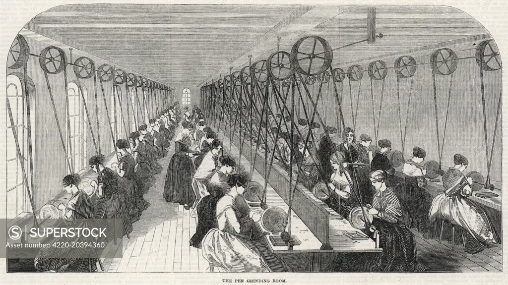  Women at work in the pen grinding room        Date: 1851