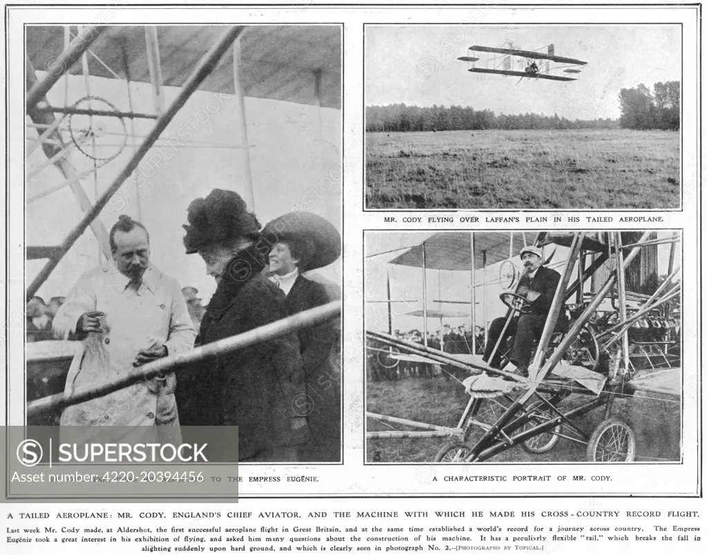  Cody sets the world's cross- country flying record and  explains to the Empress  Eugenie (of France) about the  construction of his aeroplane.     Date: 1909