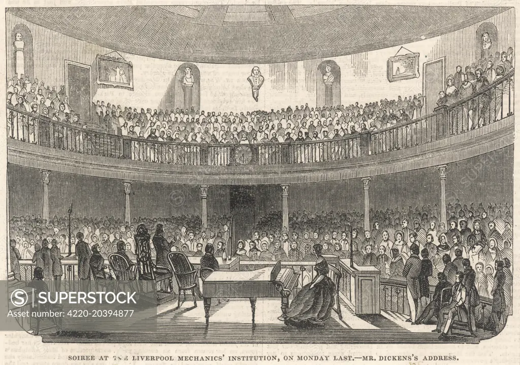 CHARLES DICKENS  Giving an address at the  Liverpool Mechanics'  Institution, in 1844      Date: 1812 - 1870