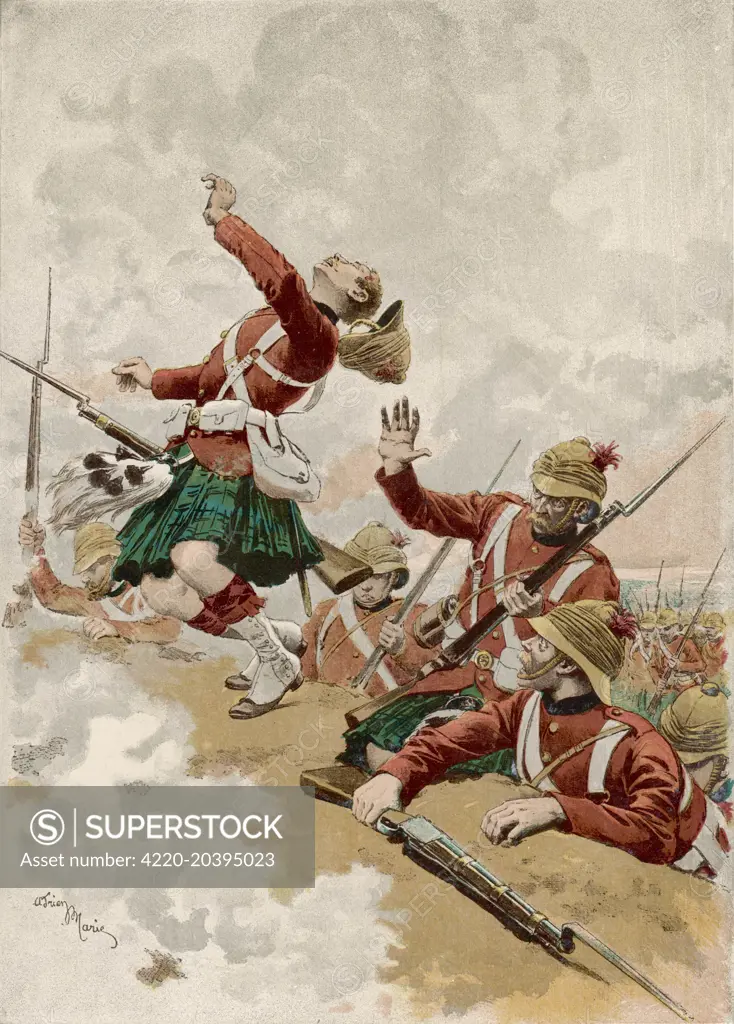 BATTLE OF TEL-EL-KEBIR Wolseley defeats Arabi Pasha's  army decisively, quashing the  revolt : depicted is the  charge of the Highland Brigade       Date: 13 September 1882