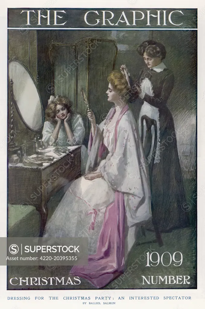  A daughter watches while a  maid helps her mother get  ready in front of her dressing table.      Date: 1909