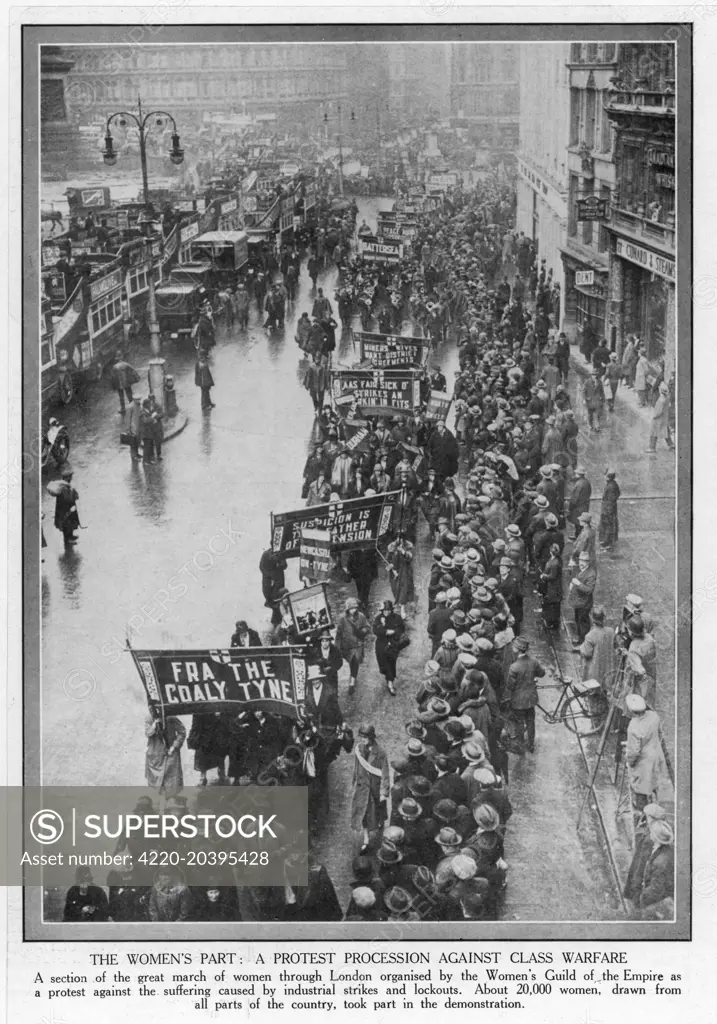Approximately 20,000 women  take part in a protest  procession through central  London, against the suffering  caused by the industrial  strikes and lockouts.     Date: 1926
