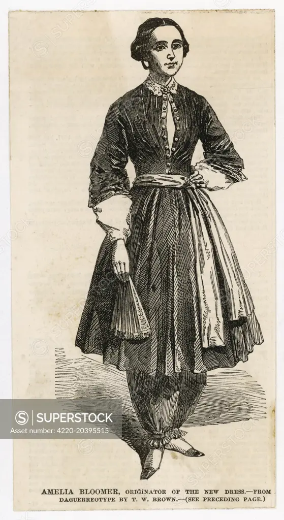 'Amelia Bloomer, Originator of  the New Dress' - the first  sight the British public  received of the scandalous  new attire for women      Date: 1851