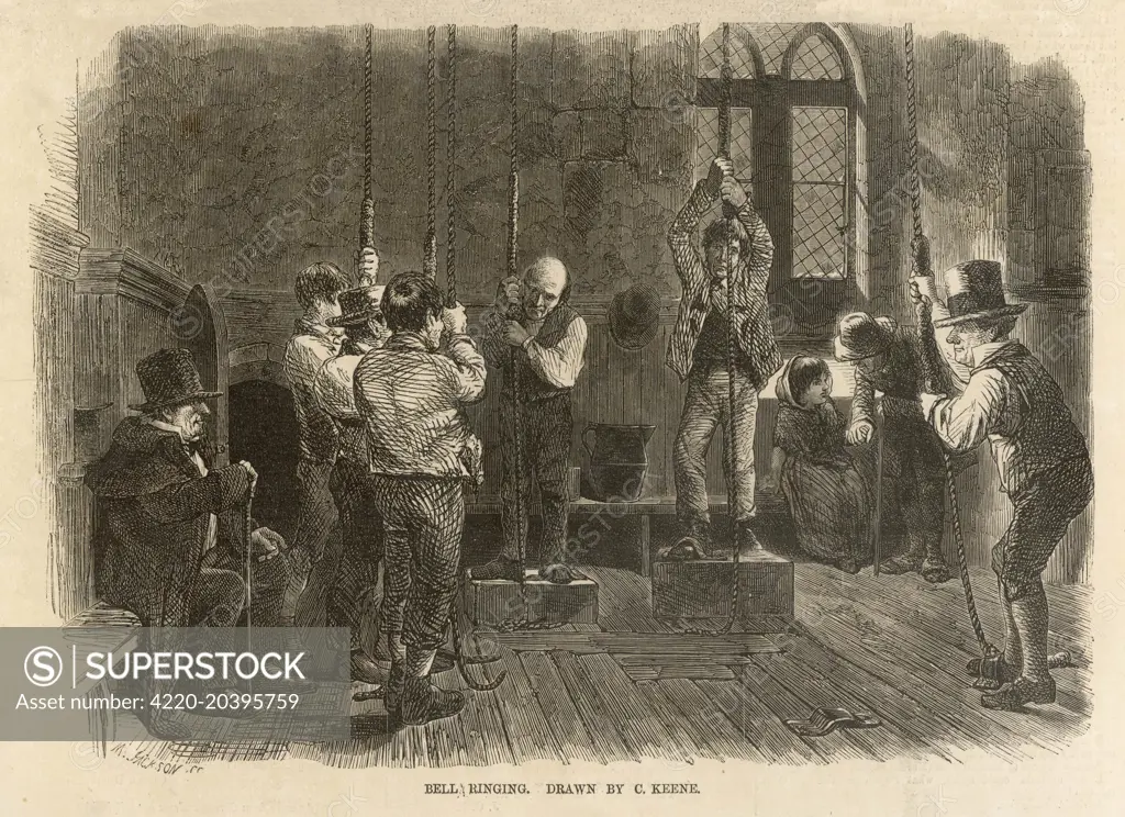  Ringing the changes in the  belfry of an English parish  church at Christmas time.       Date: 1856