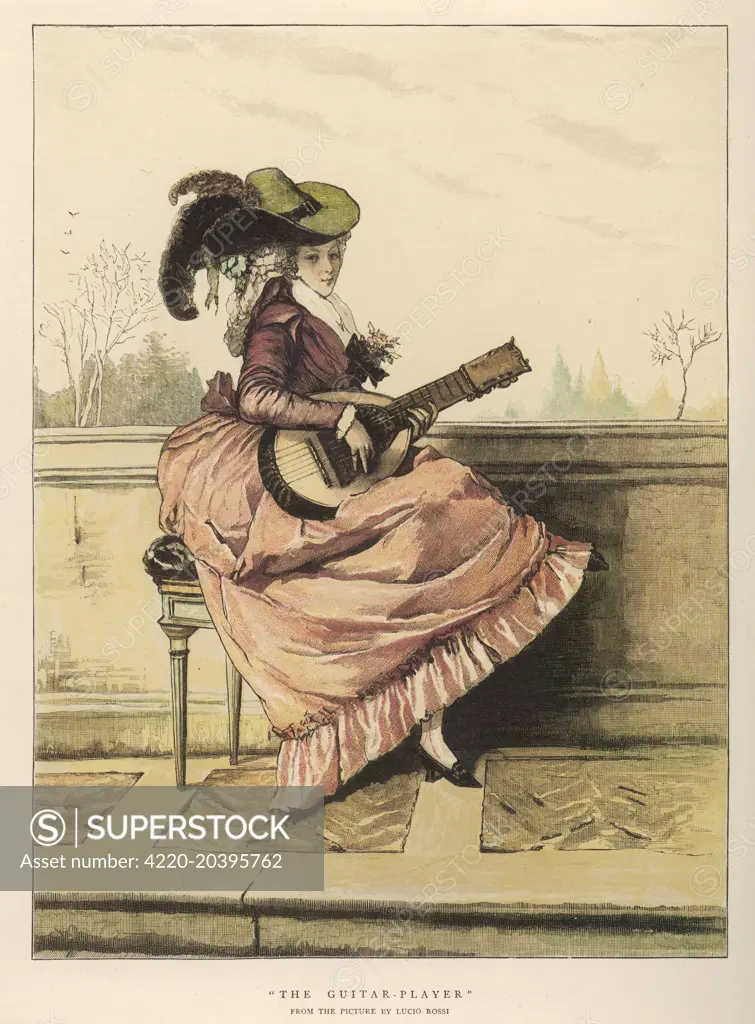  A lady plays the guitar  on a terrace        Date: 18th century