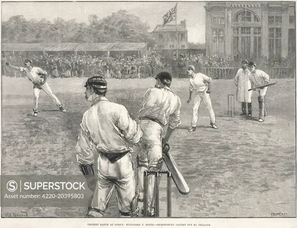 Cricket match at Lords between  Middlesex and Nottinghamshire.  Batsman Shrewsbury is seen  being caught at mid wicket by  Phillips.      Date: 1892