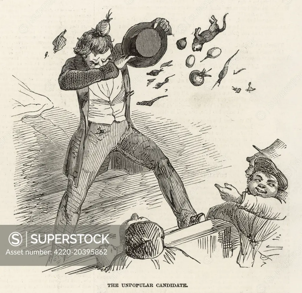 An unpopular candidate at  election time gets pelted with  a variety of vegetables and an unfortunate cat by the hostile  crowd      Date: 1847