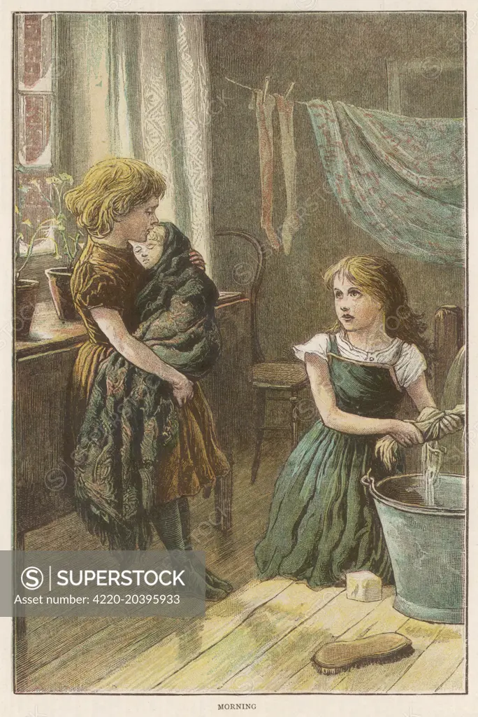  Two working-class girls:  while one holds the baby, the other scrubs the floor       Date: 1881