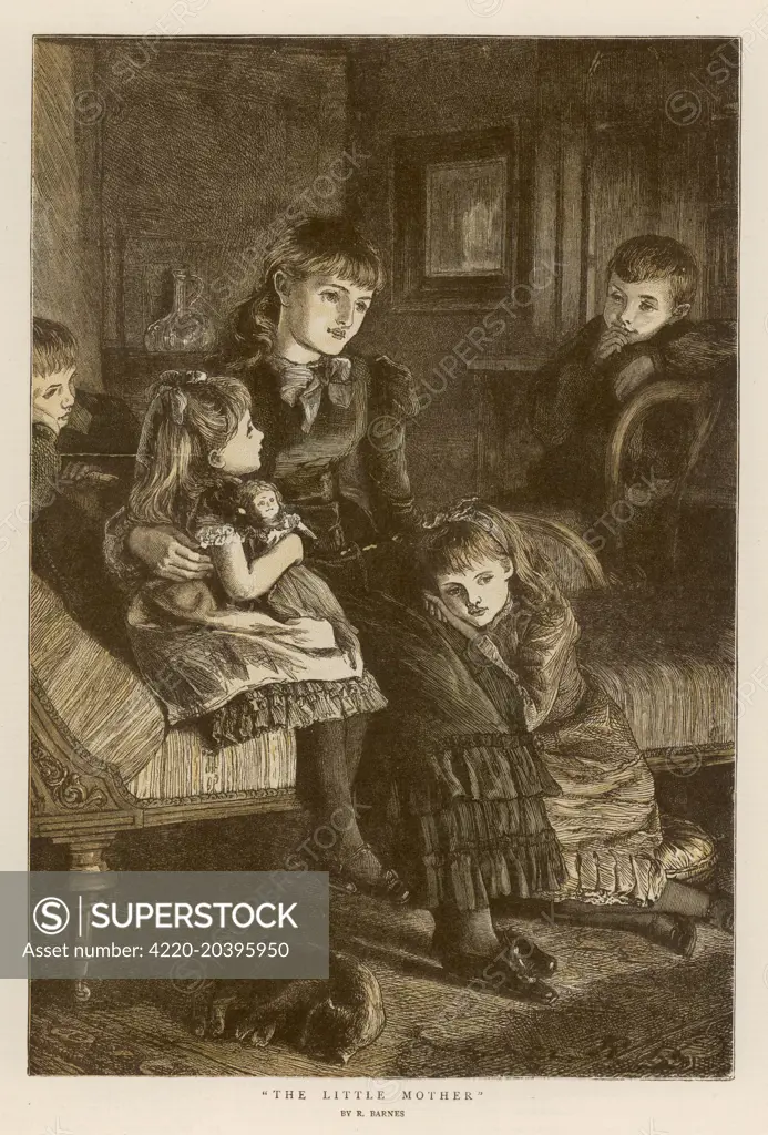  Four children listen to a fireside story.        Date: 1880