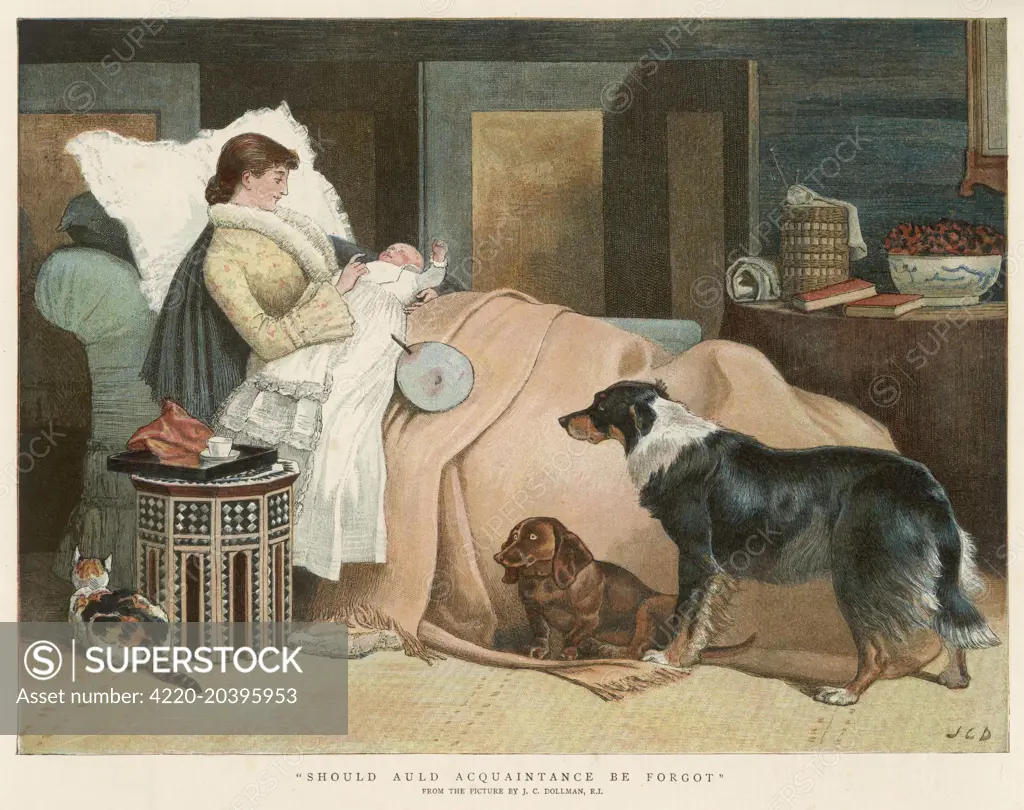 A new mother sits up in bed  nursing her baby, while two  dogs and a cat feel somewhat  neglected.      Date: 1888