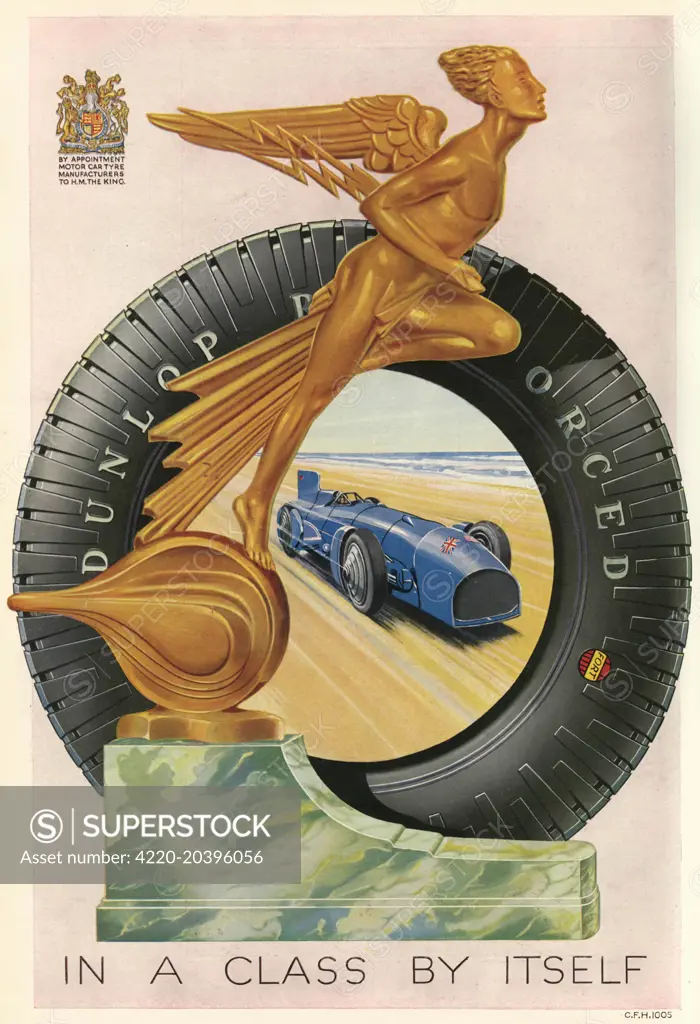  Dunlop Tyres pay tribute to  Malcolm Campbell when he  drives his 'Bluebird' on  Daytona Beach, Florida,  at a speed of 395 km/h.     Date: 1931