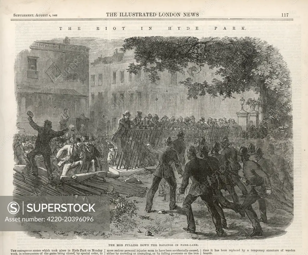 Rioting during the Reform  League demonstration in Hyde  Park, London: the mob pull  down the railings while the  police struggle to maintain  order     Date: 1866